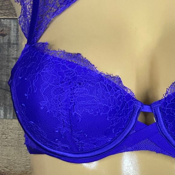 Victoria's Secret Very Sexy Lined Demi Lace Bra High Neck Cobalt Blue Size 34B - Picture 2 of 9
